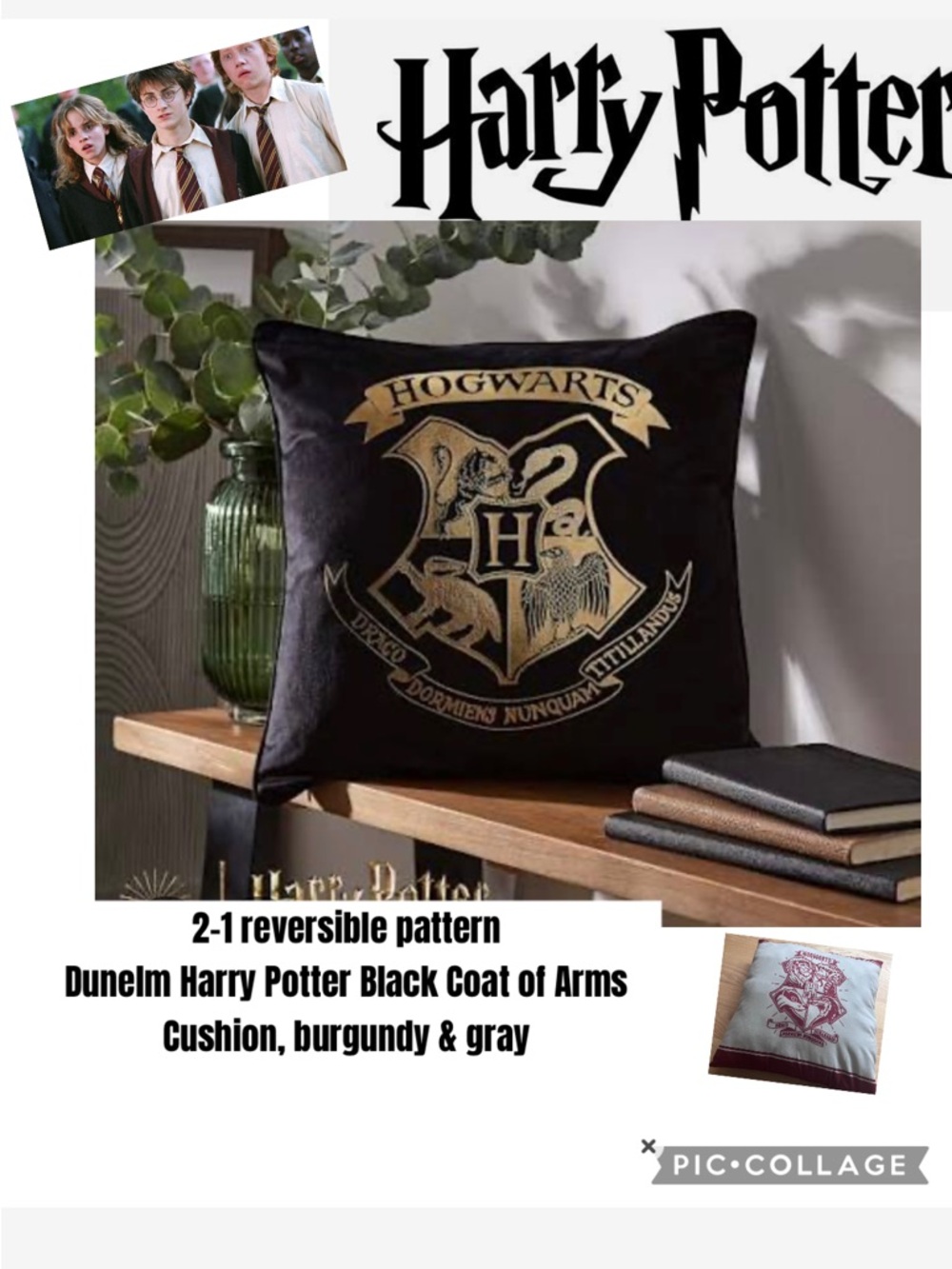 2-1 reversible pattern Hogwarts Crest Decorative Pillow in burgundy and gray